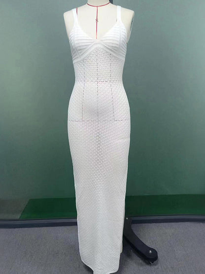 White Crochet Maxi Dress for Women - Boho V Neck Sleeveless Side Slit Bodycon Knit Long Dress - Summer Beach Resort 2026