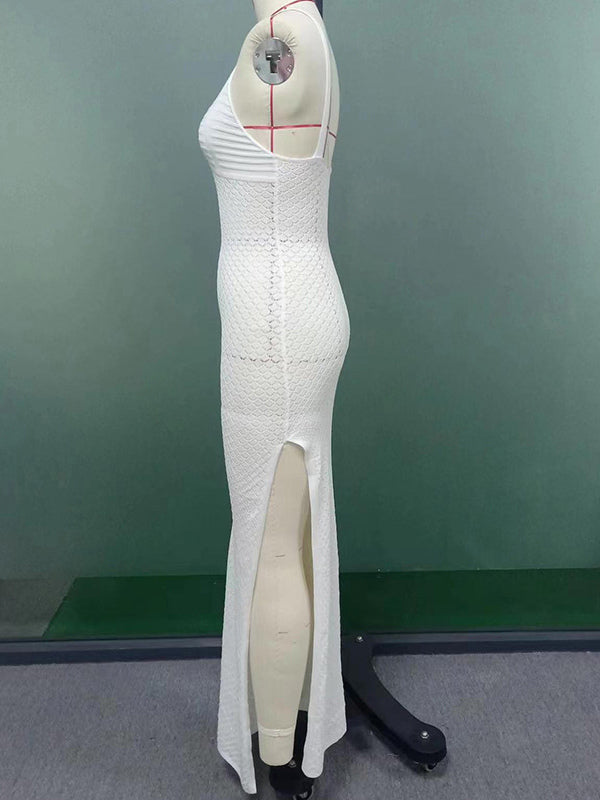 White Crochet Maxi Dress for Women - Boho V Neck Sleeveless Side Slit Bodycon Knit Long Dress - Summer Beach Resort 2026