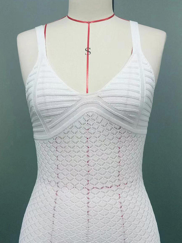 White Crochet Maxi Dress for Women - Boho V Neck Sleeveless Side Slit Bodycon Knit Long Dress - Summer Beach Resort 2026