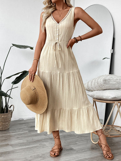 Boho Tiered Maxi Dress for Women - Apricot Textured V Neck Sleeveless Tie Waist A Line Long Dress - Summer Beach Resort 2026