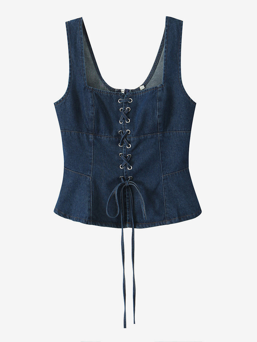 Lace-Up Front Denim Corset Top For Women 2026
