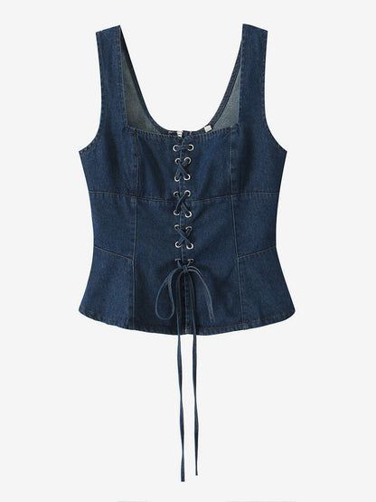 Lace-Up Front Denim Corset Top For Women 2026