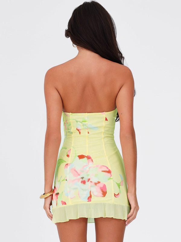 Floral Corset Mini Dress for Women - Yellow Sexy Strapless Backless Bodycon Ruffle Trim Party Gown - Summer Beach 2026