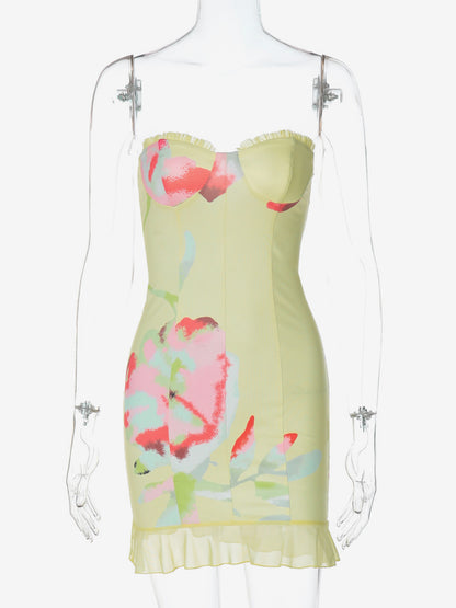 Floral Corset Mini Dress for Women - Yellow Sexy Strapless Backless Bodycon Ruffle Trim Party Gown - Summer Beach 2026