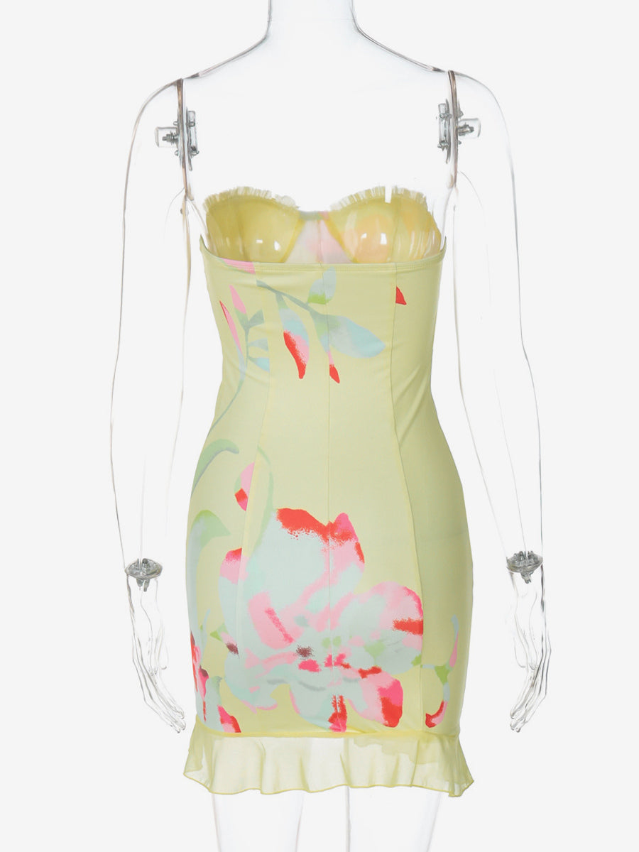 Floral Corset Mini Dress for Women - Yellow Sexy Strapless Backless Bodycon Ruffle Trim Party Gown - Summer Beach 2026