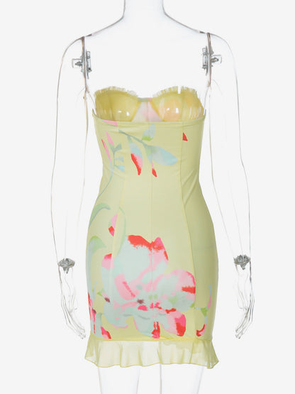 Floral Corset Mini Dress for Women - Yellow Sexy Strapless Backless Bodycon Ruffle Trim Party Gown - Summer Beach 2026