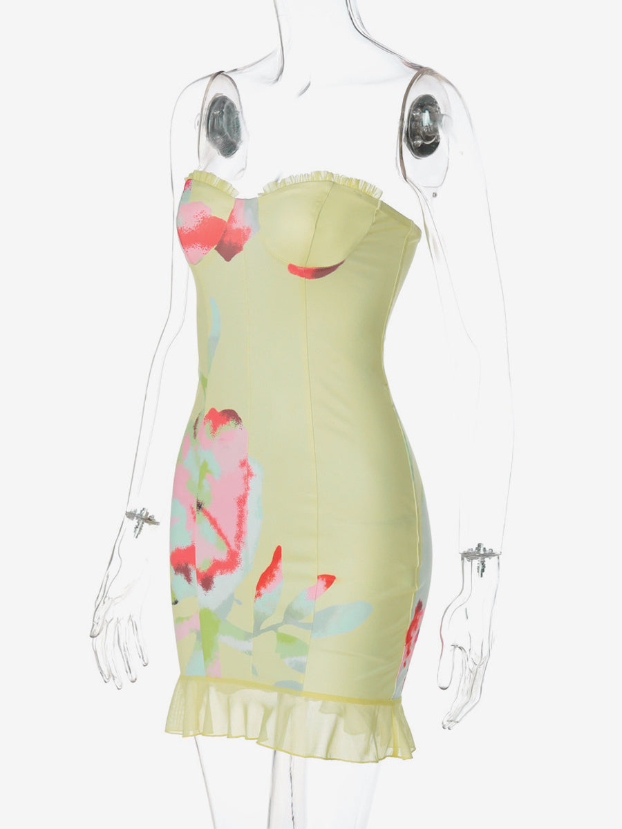 Floral Corset Mini Dress for Women - Yellow Sexy Strapless Backless Bodycon Ruffle Trim Party Gown - Summer Beach 2026