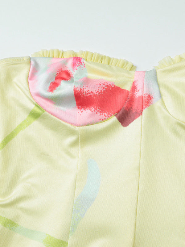 Floral Corset Mini Dress for Women - Yellow Sexy Strapless Backless Bodycon Ruffle Trim Party Gown - Summer Beach 2026