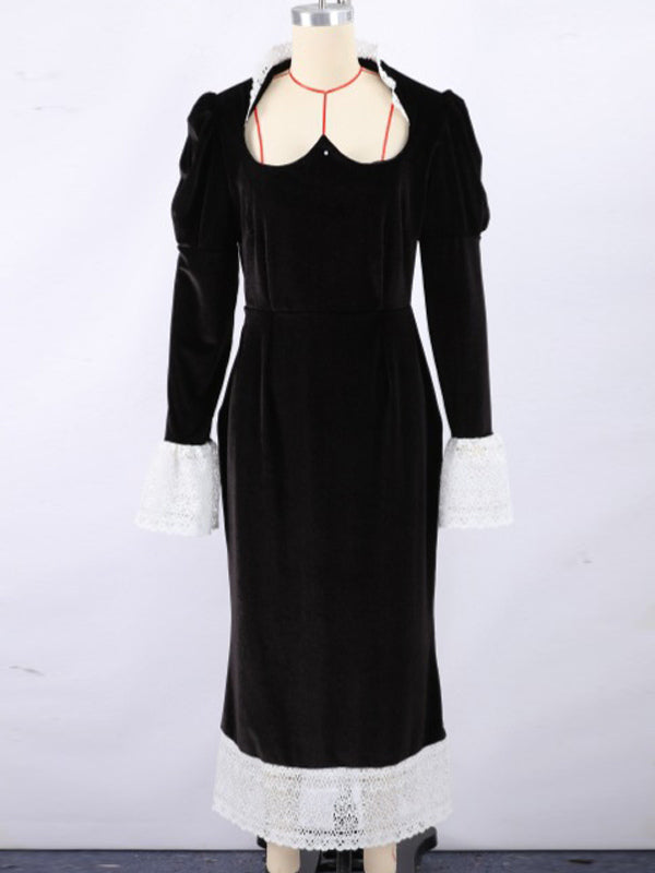 Elegant Black Velvet Dress With Lace Details Long Sleeve Spring Long Dress For Women 2026