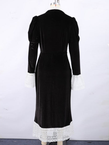 Elegant Black Velvet Dress With Lace Details Long Sleeve Spring Long Dress For Women 2026
