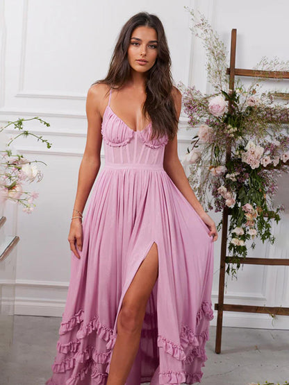 Pink Layered Ruffles Maxi Party Dress High Slit Strap Dress 2026