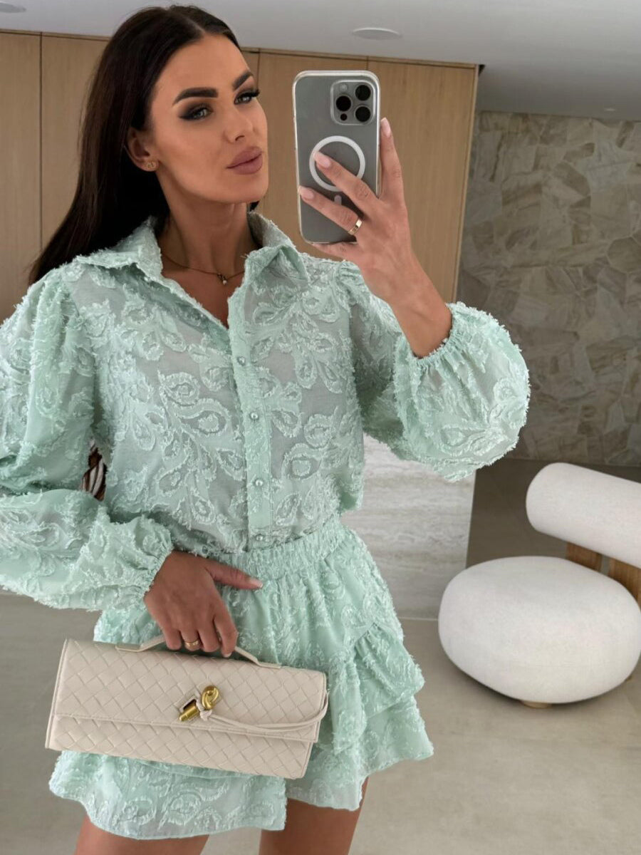 Jacquard Two Piece Co-ord Set Long Sleeve Shirt And Layered Shorts 2026