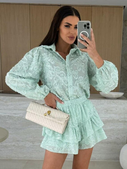 Jacquard Two Piece Co-ord Set Long Sleeve Shirt And Layered Shorts 2026
