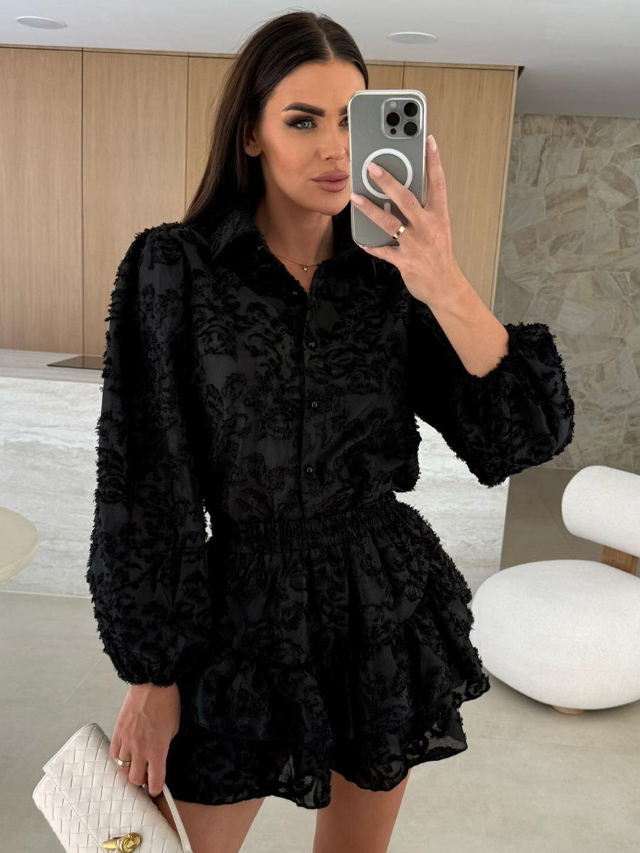 Jacquard Two Piece Co-ord Set Long Sleeve Shirt And Layered Shorts 2026