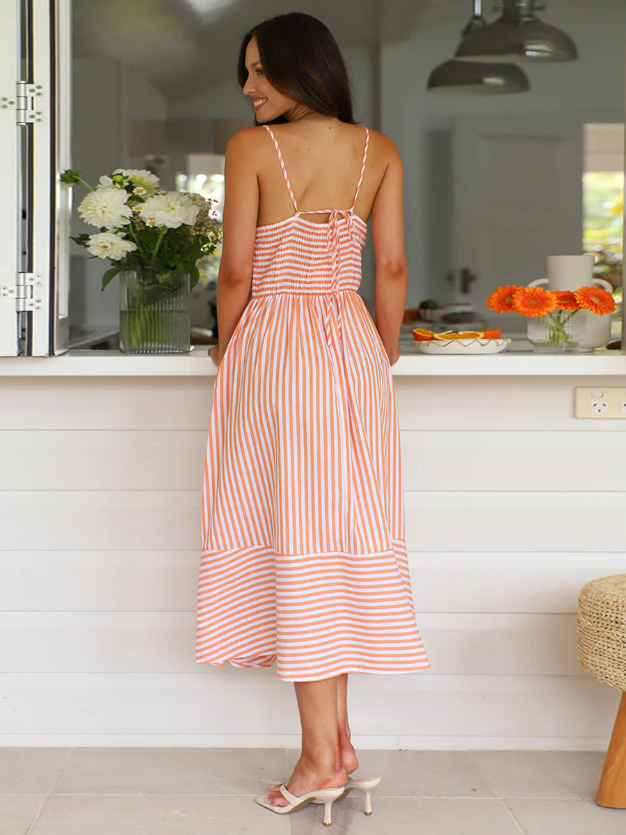 Striped Long Sundress for Women - Cottagecore Knotted Bust V Neck Backless Cami Flare Dress - Summer Beach Picnic 2026