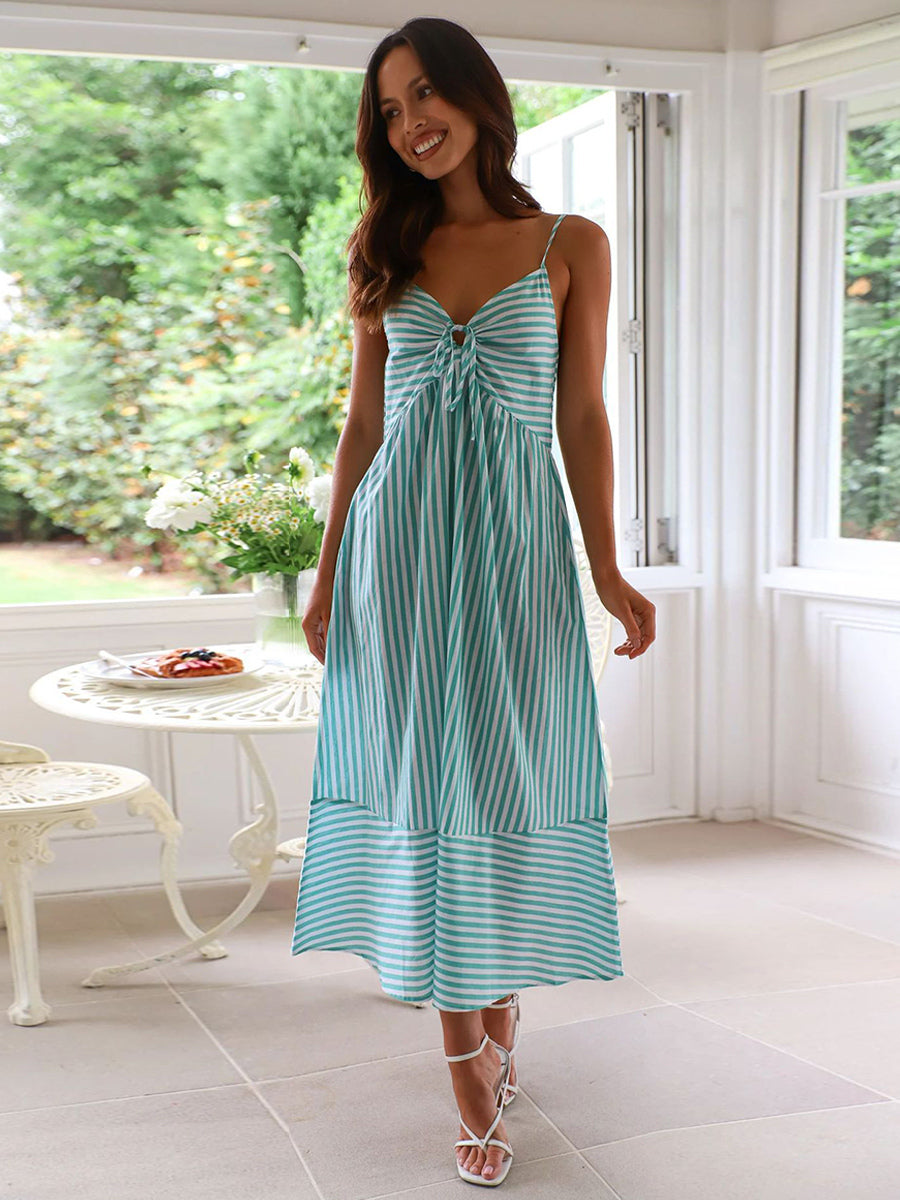 Striped Long Sundress for Women - Cottagecore Knotted Bust V Neck Backless Cami Flare Dress - Summer Beach Picnic 2026