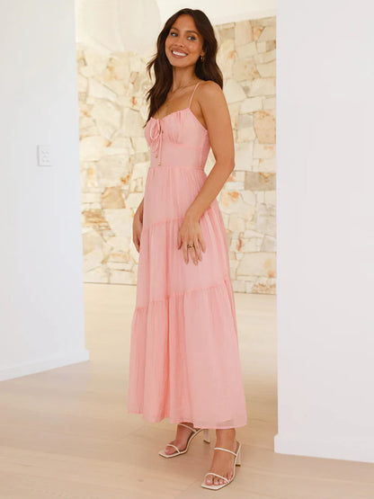 Tiered Maxi Sundress for Women - Ruched Bust Tie Front A Line Long Slip Dress - Summer Beach Wedding Guest 2026