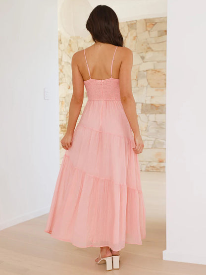 Tiered Maxi Sundress for Women - Ruched Bust Tie Front A Line Long Slip Dress - Summer Beach Wedding Guest 2026