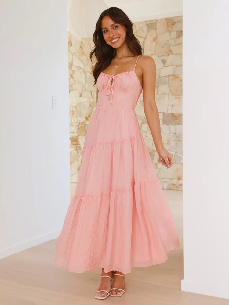 Tiered Maxi Sundress for Women - Ruched Bust Tie Front A Line Long Slip Dress - Summer Beach Wedding Guest 2026