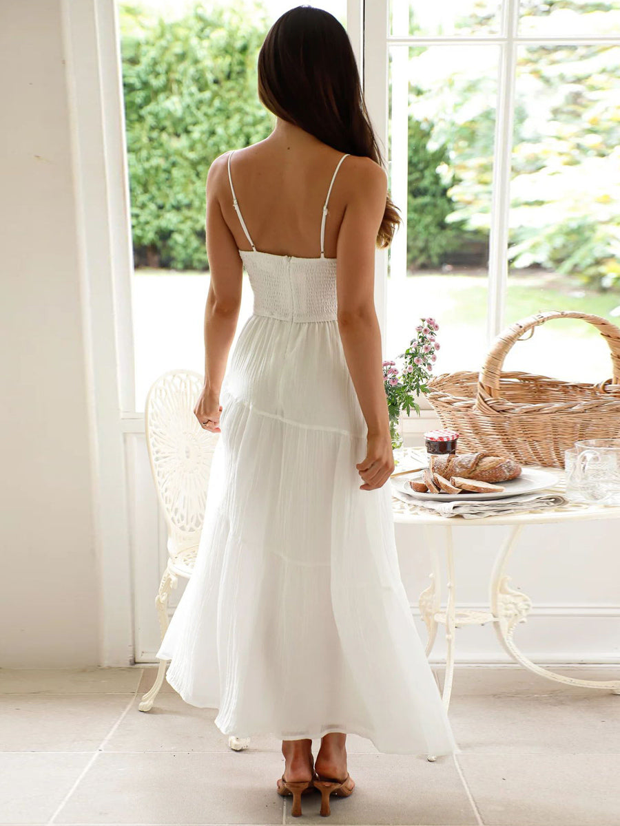 Tiered Maxi Sundress for Women - Ruched Bust Tie Front A Line Long Slip Dress - Summer Beach Wedding Guest 2026