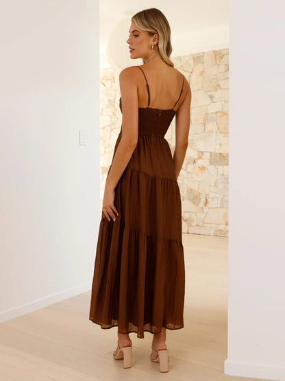 Tiered Maxi Sundress for Women - Ruched Bust Tie Front A Line Long Slip Dress - Summer Beach Wedding Guest 2026