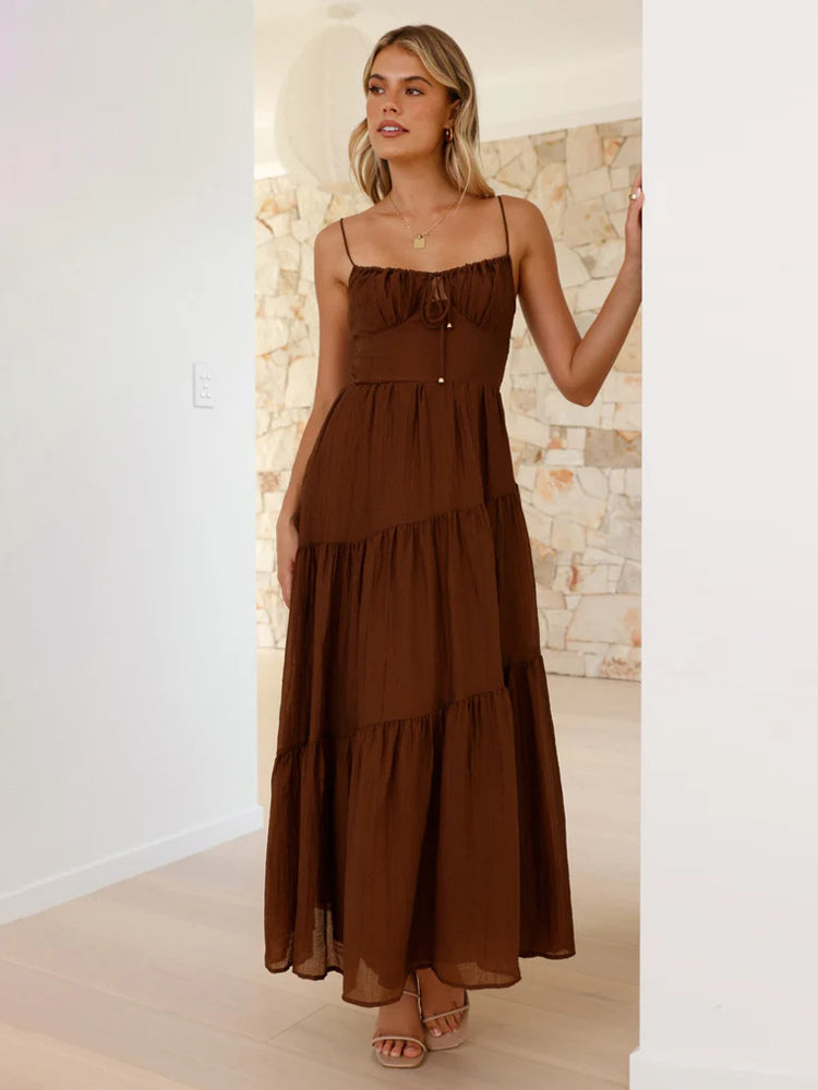 Tiered Maxi Sundress for Women - Ruched Bust Tie Front A Line Long Slip Dress - Summer Beach Wedding Guest 2026