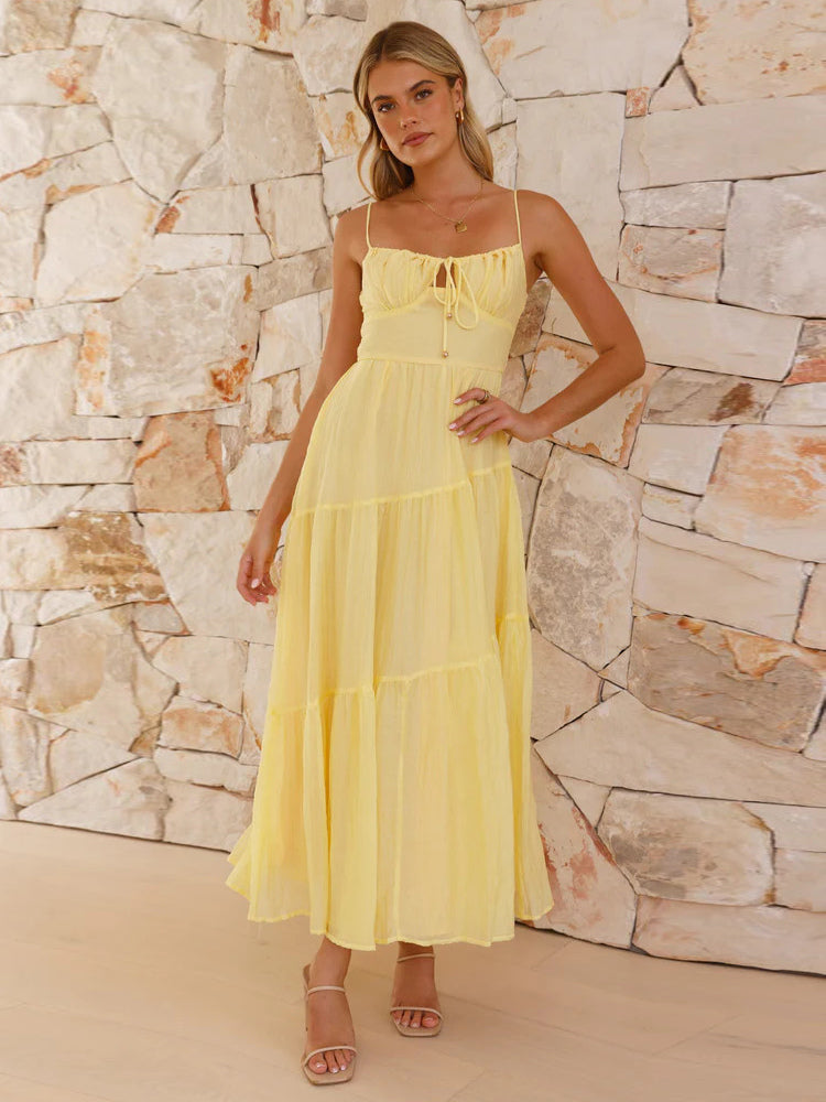 Tiered Maxi Sundress for Women - Ruched Bust Tie Front A Line Long Slip Dress - Summer Beach Wedding Guest 2026