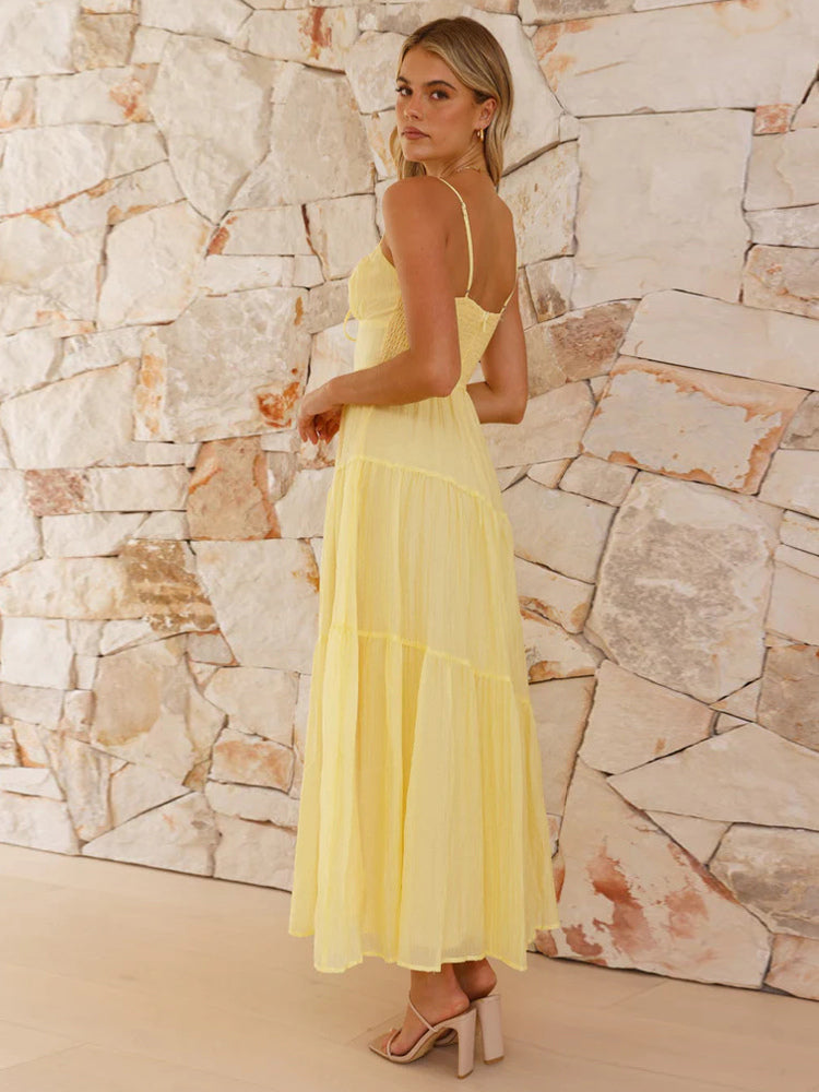 Tiered Maxi Sundress for Women - Ruched Bust Tie Front A Line Long Slip Dress - Summer Beach Wedding Guest 2026
