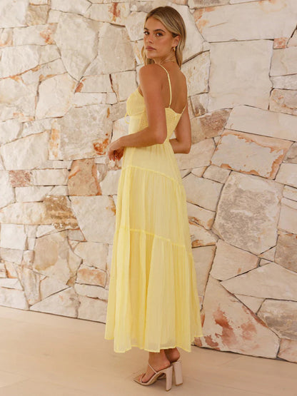 Tiered Maxi Sundress for Women - Ruched Bust Tie Front A Line Long Slip Dress - Summer Beach Wedding Guest 2026