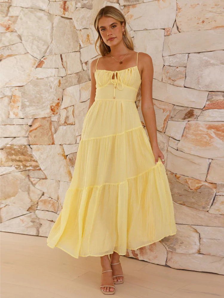 Tiered Maxi Sundress for Women - Ruched Bust Tie Front A Line Long Slip Dress - Summer Beach Wedding Guest 2026