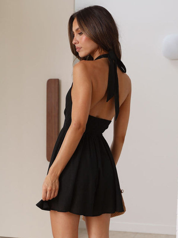 Halter Mini Skater Dress for Women - Cut Out Front Deep V Neck Backless Flowy Skort Sundress - Summer Beach Vacation 2026