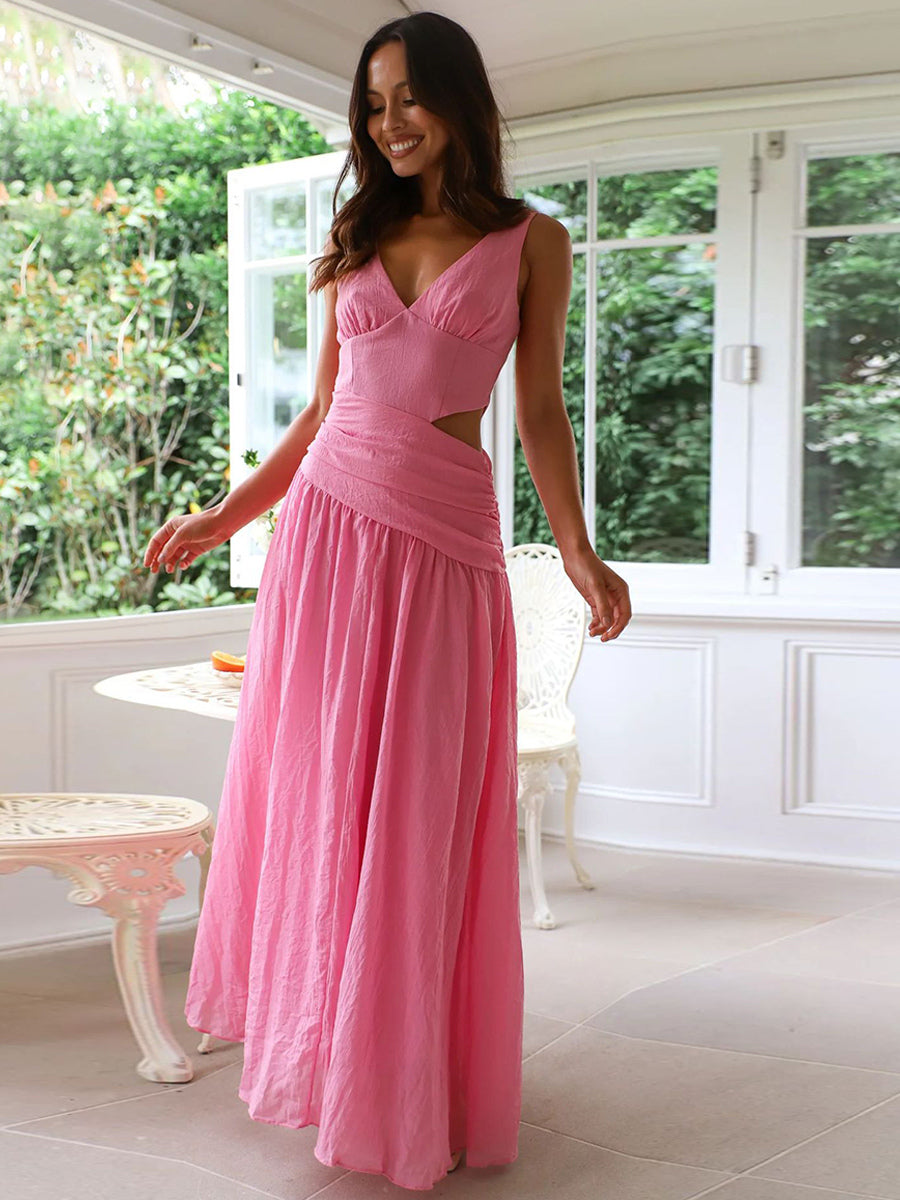 Cut Out Sleeveless Maxi Dress for Women - Boho V Neck Ruched Waist Backless Flowy A Line Sun Dress - Summer Wedding Guest 2026