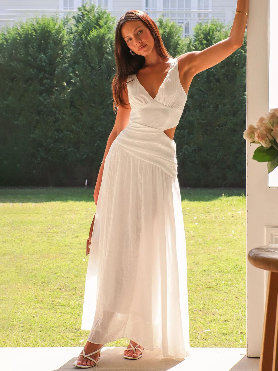 Cut Out Sleeveless Maxi Dress for Women - Boho V Neck Ruched Waist Backless Flowy A Line Sun Dress - Summer Wedding Guest 2026