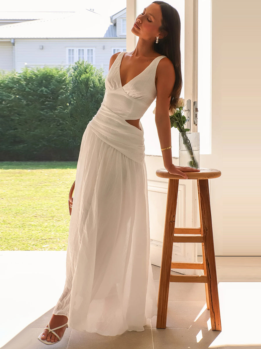 Cut Out Sleeveless Maxi Dress for Women - Boho V Neck Ruched Waist Backless Flowy A Line Sun Dress - Summer Wedding Guest 2026