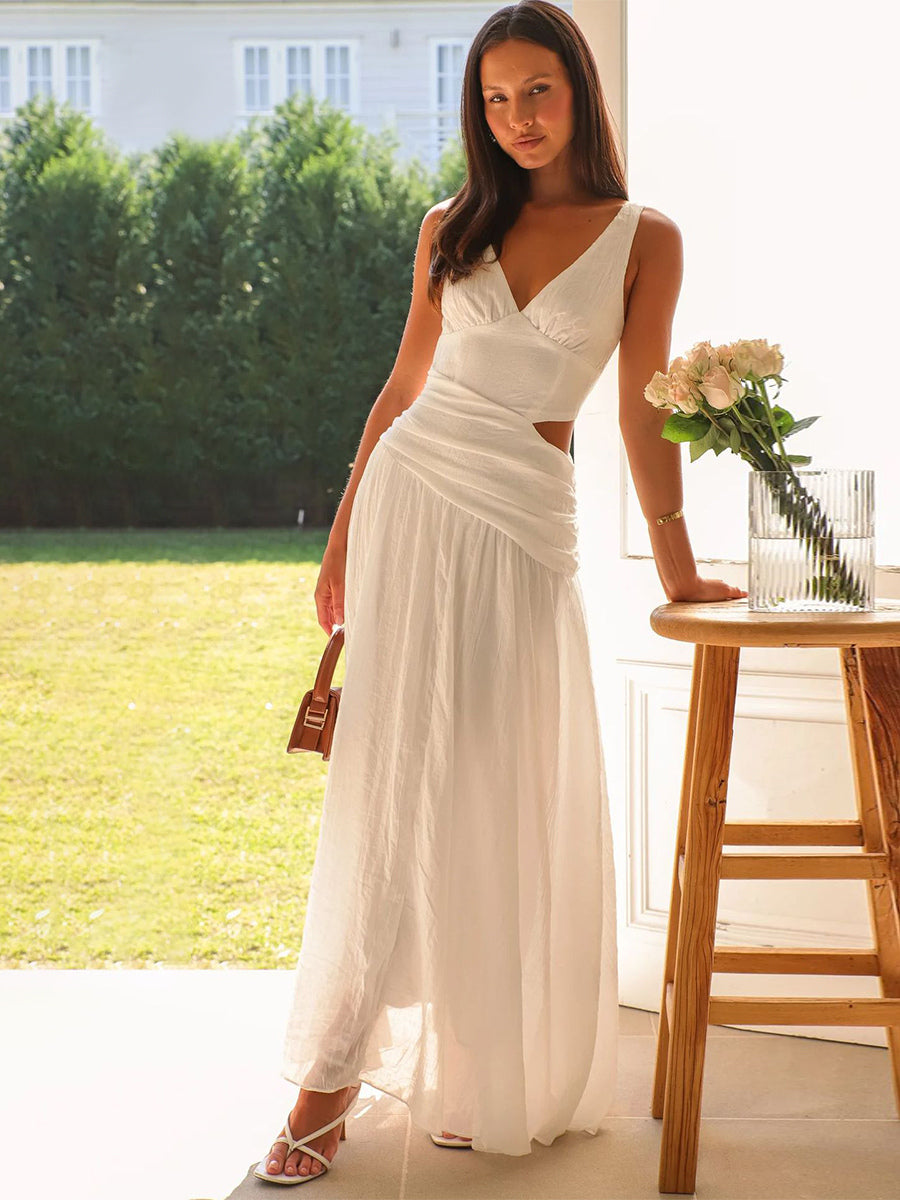 Cut Out Sleeveless Maxi Dress for Women - Boho V Neck Ruched Waist Backless Flowy A Line Sun Dress - Summer Wedding Guest 2026
