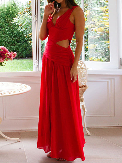 Cut Out Sleeveless Maxi Dress for Women - Boho V Neck Ruched Waist Backless Flowy A Line Sun Dress - Summer Wedding Guest 2026