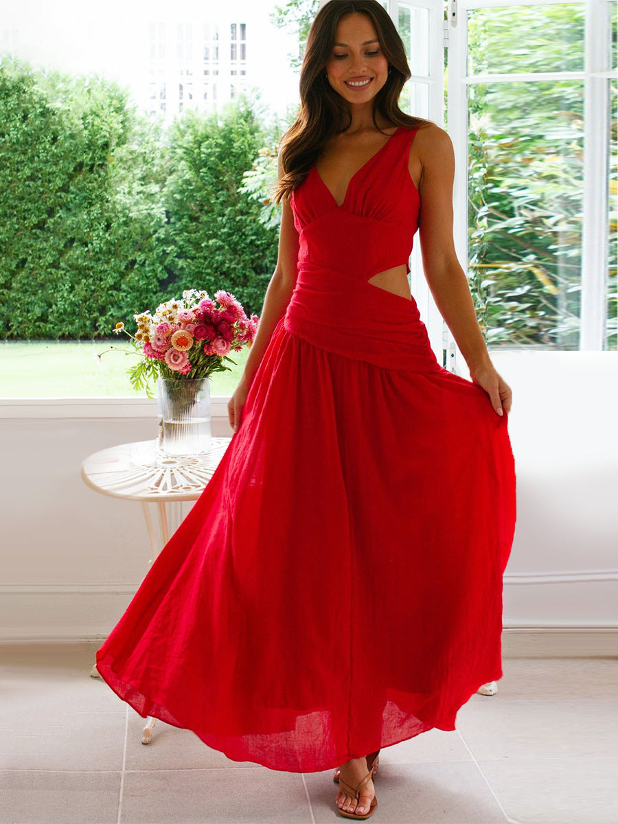 Cut Out Sleeveless Maxi Dress for Women - Boho V Neck Ruched Waist Backless Flowy A Line Sun Dress - Summer Wedding Guest 2026