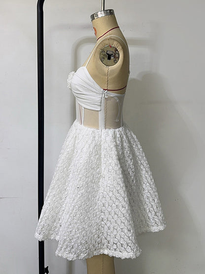 White Mini Slip Dress With Flower Decoration And Sheer Waist 2026
