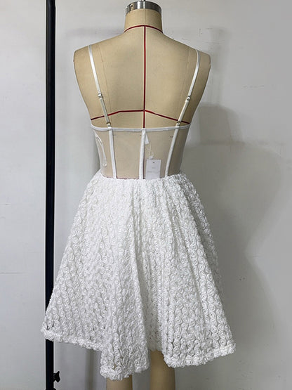 White Mini Slip Dress With Flower Decoration And Sheer Waist 2026