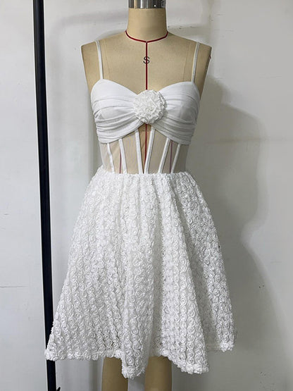 White Mini Slip Dress With Flower Decoration And Sheer Waist 2026