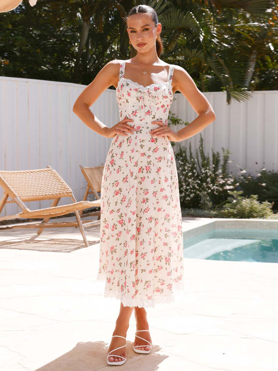 Floral Print Lace Trim Sleeveless Long Dress For Summer 2026