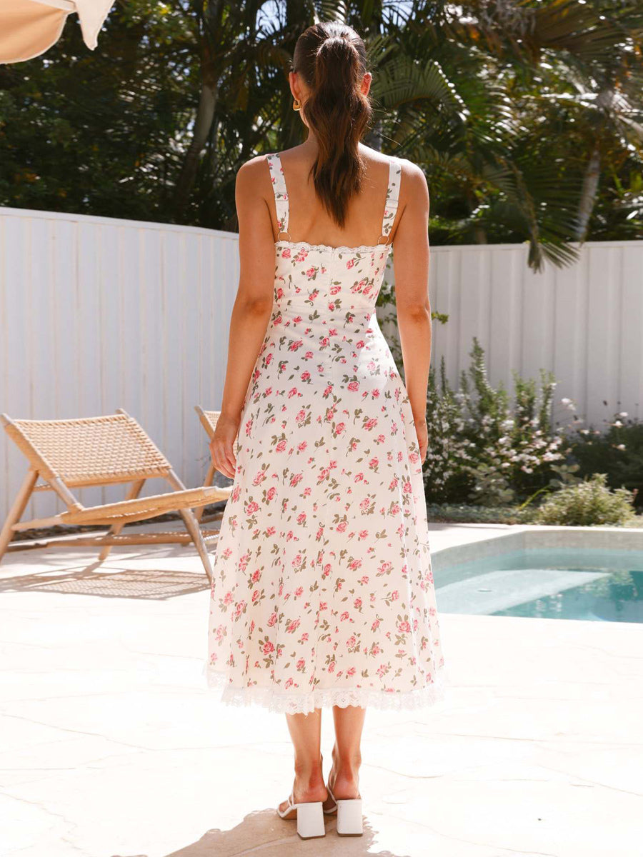 Floral Print Lace Trim Sleeveless Long Dress For Summer 2026