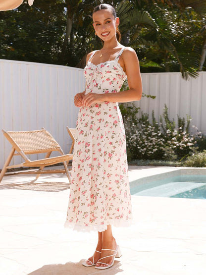 Floral Print Lace Trim Sleeveless Long Dress For Summer 2026