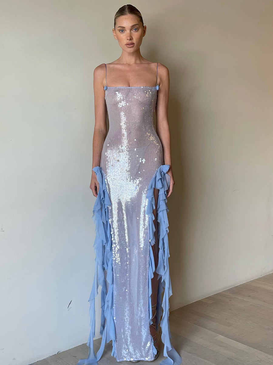 Blue Sequin Bodycon Sheer Long Slip Dress With Ruffled High Slit 2026