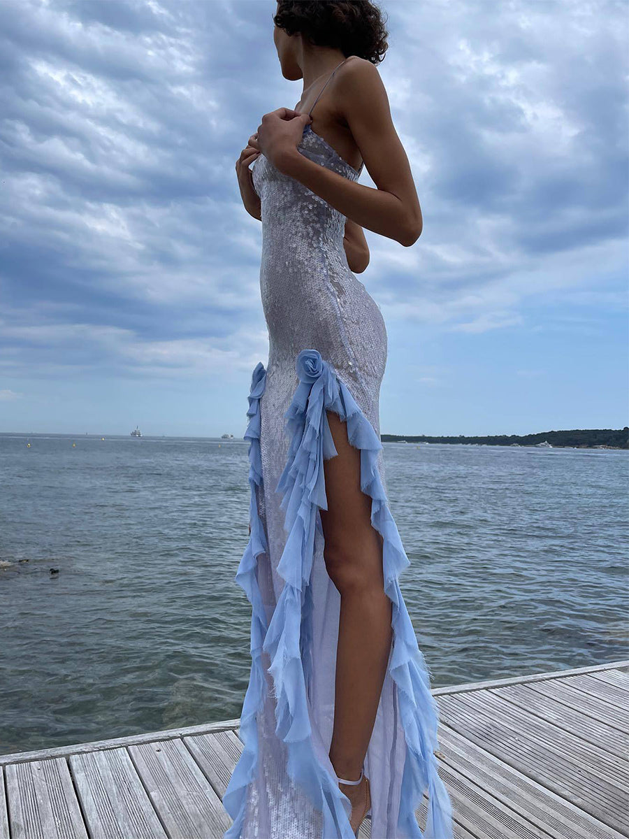 Blue Sequin Bodycon Sheer Long Slip Dress With Ruffled High Slit 2026