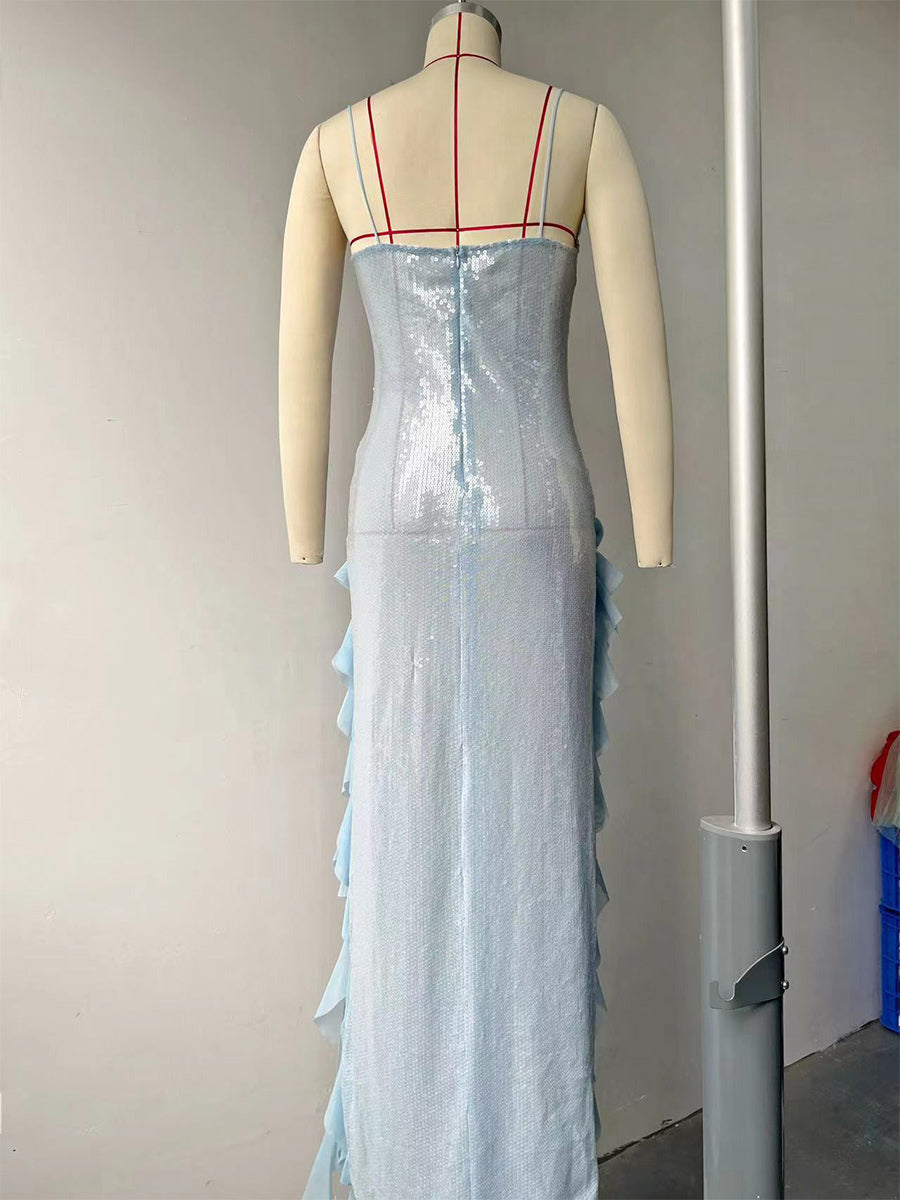 Blue Sequin Bodycon Sheer Long Slip Dress With Ruffled High Slit 2026