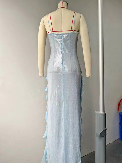 Blue Sequin Bodycon Sheer Long Slip Dress With Ruffled High Slit 2026