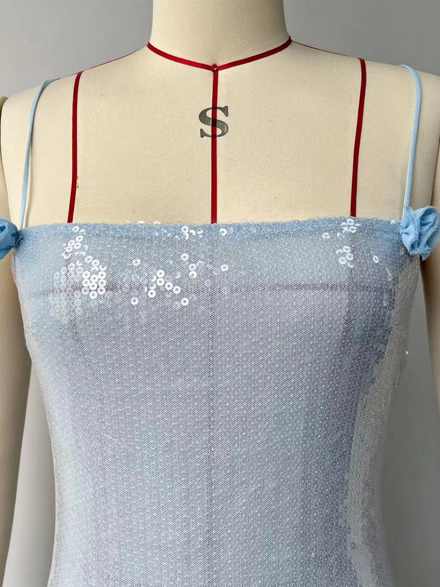 Blue Sequin Bodycon Sheer Long Slip Dress With Ruffled High Slit 2026