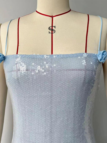 Blue Sequin Bodycon Sheer Long Slip Dress With Ruffled High Slit 2026