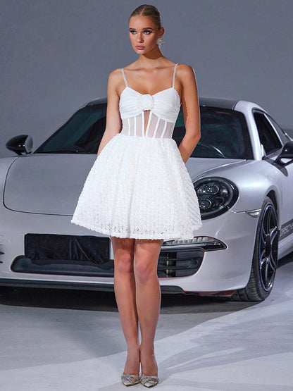 White Mini Slip Dress With Flower Decoration And Sheer Waist 2026
